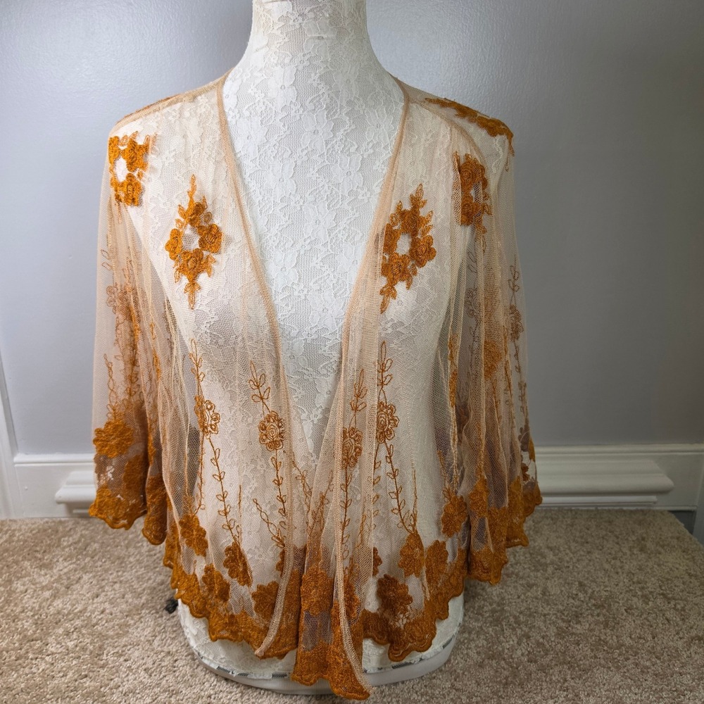 Boutique XXI Sheer Mesh Kimono S Rust Floral Embroidered Boho Open Front